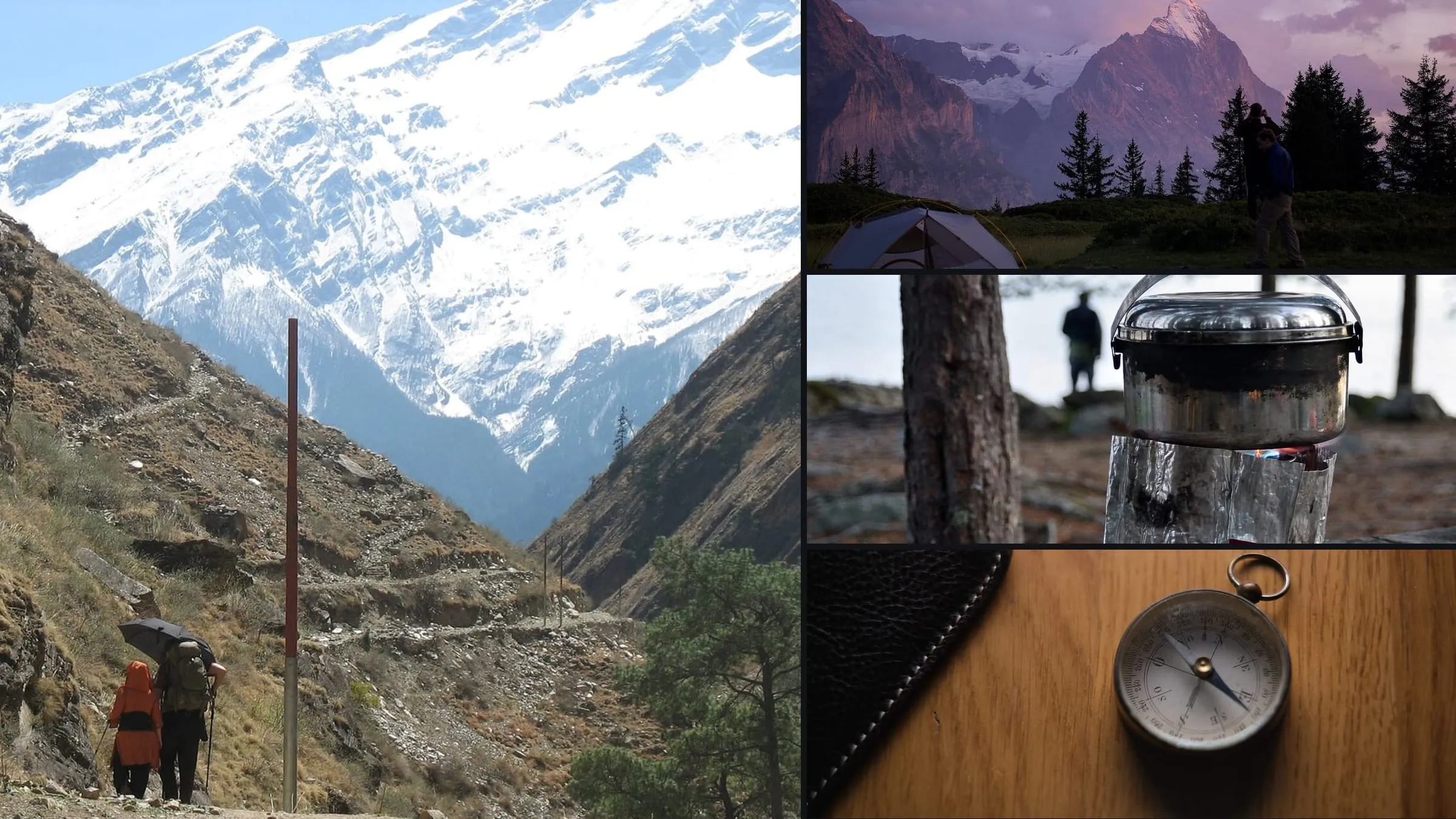 A banner of four photographs: two walkers with poles and an umbrella on a mountain trail below a snow-covered peak, tents pitched on a mountainside at dusk, a camping stove burning beside a metal pot, and a magnetic compass on a wooden table